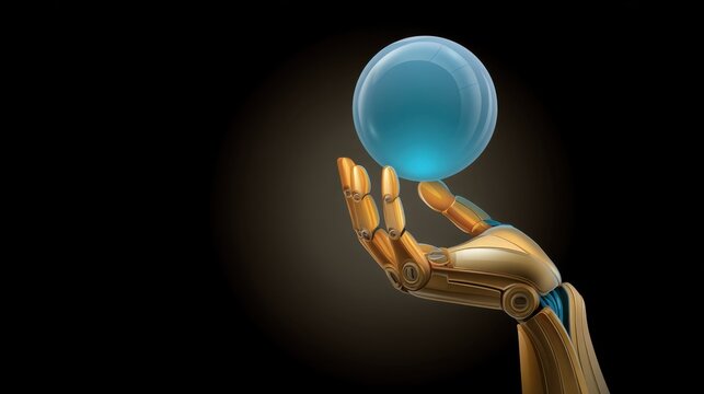 Futuristic robotic hand holding a glowing blue sphere on a dark background showcasing advanced technology and artificial intelligence concepts