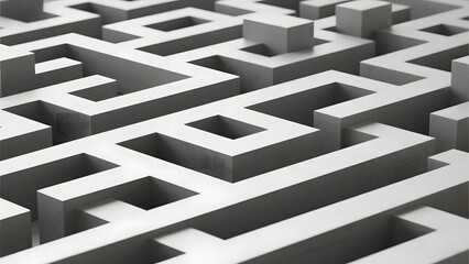 3D geometric maze structure with intricate pathways and uniform gray blocks