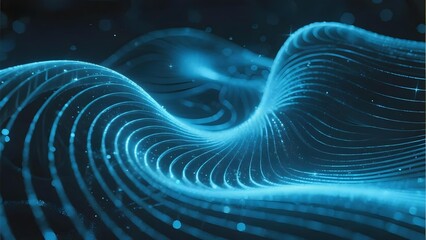 Abstract digital wave pattern with glowing blue lines and particles on a dark background
