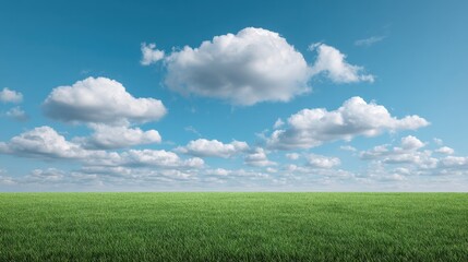 Fototapeta premium Expansive Green Grass Field Under Bright Blue Sky with Fluffy White Clouds Spanning the Horizon in a Serene Natural Landscape