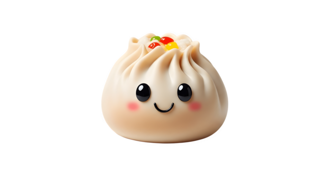 Cute dumpling with a happy face and colorful toppings.
