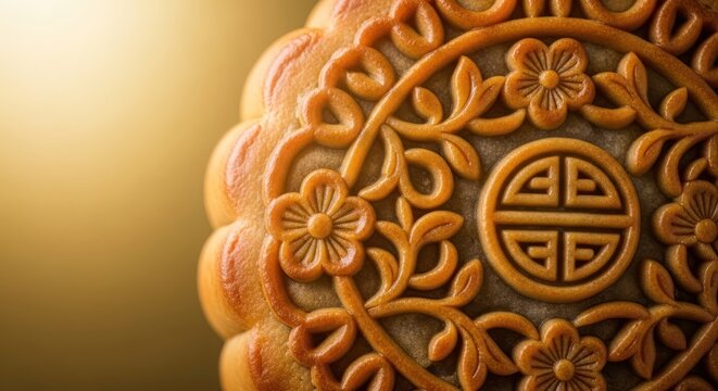 beautifully crafted mooncake featuring intricate floral patterns and traditional Chinese symbols, illuminated by warm light. The image highlights festive details associated with the Mid-Autumn - Powered by Adobe