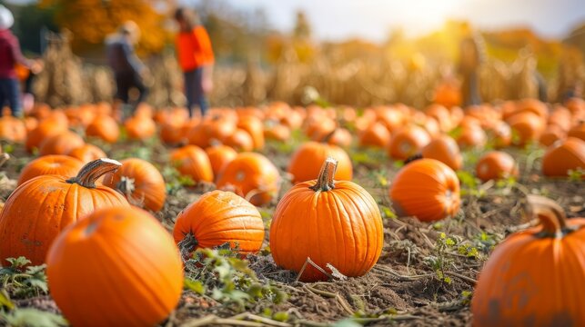 Children enjoying a sunset at a pumpkin patch, selecting pumpkins in a warm golden glow - Powered by Adobe
