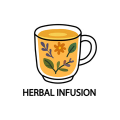 Herbal infusion in a glass mug with floral decorations, a warm and inviting beverage