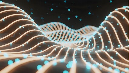 Abstract digital wave pattern with glowing blue dots and flowing lines on a dark background