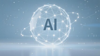 Artificial intelligence symbol represented by a glowing network sphere with AI text at its center against a futuristic background.