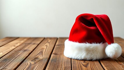 A classic red and white Santa Claus hat resting on a rustic brown wooden table with a bright, clean background, creating a festive holiday scene with ample copy space for text