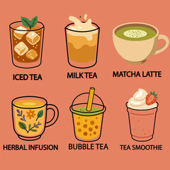 Fototapeta premium Variety of refreshing tea drinks: iced tea, milk tea, matcha latte, and more