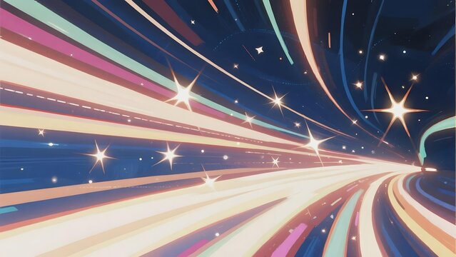 Abstract cosmic scene with streaking light trails and stars in a dynamic space tunnel