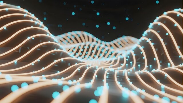 Abstract digital wave pattern with glowing blue dots and flowing lines on a dark background