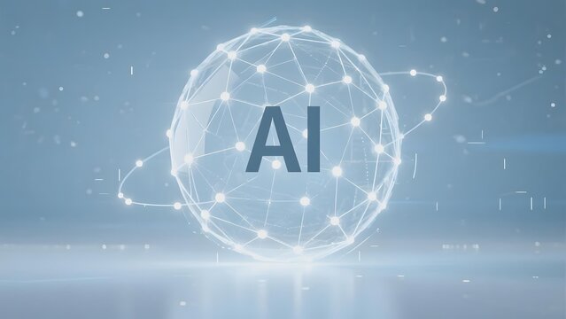 Artificial intelligence symbol represented by a glowing network sphere with AI text at its center against a futuristic background.