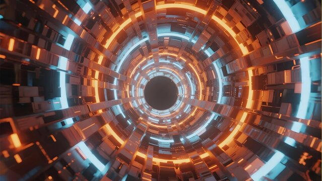 Futuristic circular tunnel with glowing orange and blue lights, composed of geometric panels and reflective surfaces