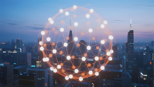 Digital network sphere overlaying a cityscape at dusk