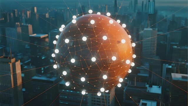 A glowing network sphere with interconnected nodes hovers above a modern city skyline at dusk. - Powered by Adobe