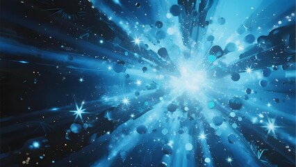 Cosmic explosion with radiant blue light, stars, and floating spheres in space