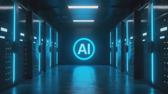 Server room with glowing AI symbol in a futuristic data center corridor