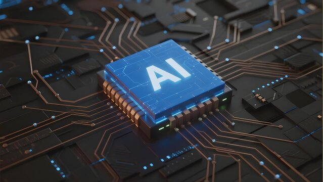 AI processor chip integrated into a complex circuit board with illuminated connections