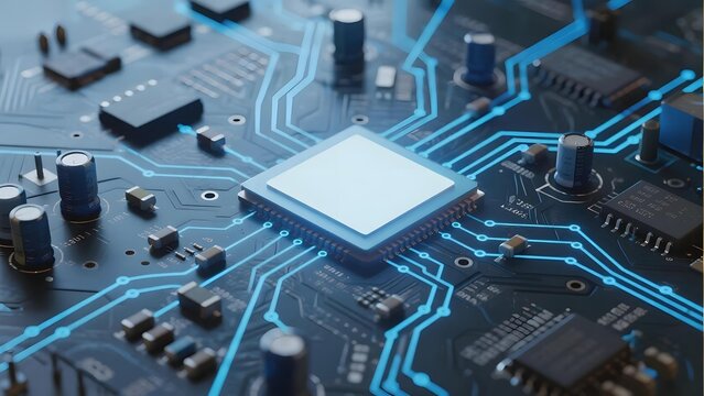 Close-up of a microprocessor on a circuit board with illuminated blue pathways