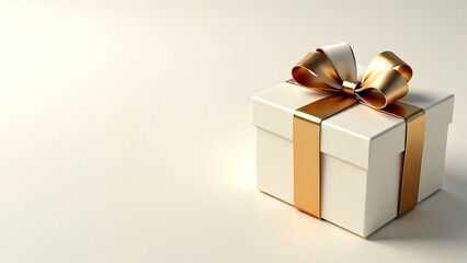 Elegant White Gift Box with Gold Ribbon and Bow on Cream Background A Symbol of Celebration and Giving