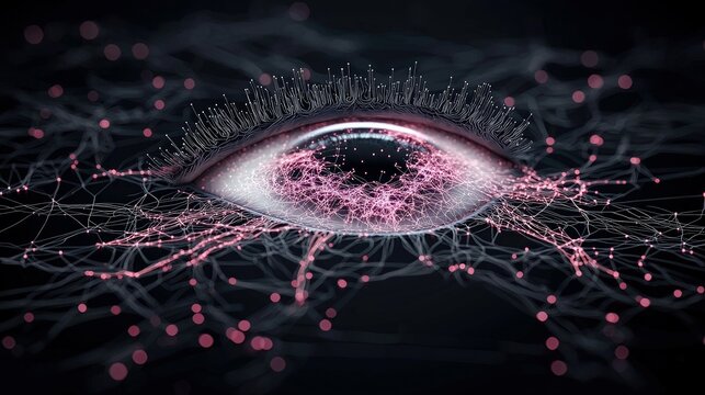 A detailed view of a human eye, its iris and pupil are overlaid with a complex pink network of lines and nodes, suggesting data flow or neural connections.