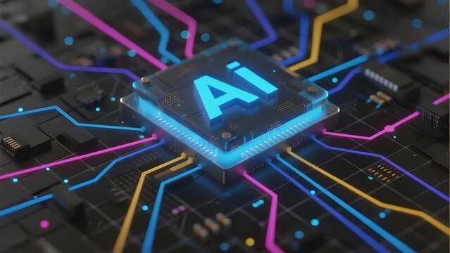 AI chip on a futuristic circuit board with glowing connections - Powered by Adobe