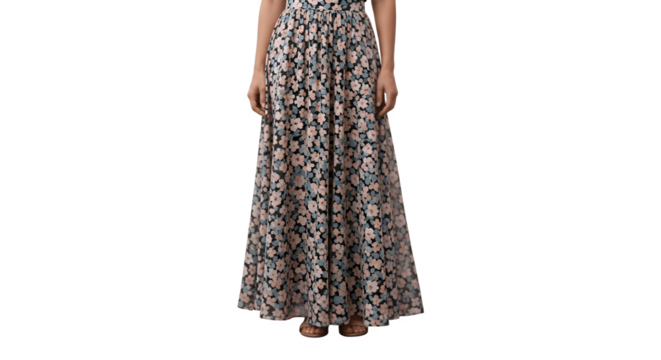 Elegant Woman in Floral Maxi Skirt A Fashionable FullLength Portrait.