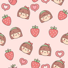 Cute Kawaii Strawberry Girl Faces and Hearts Seamless Pattern 2. Vector Illustrations. EPS Editable