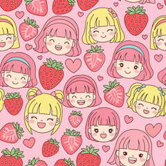 Cute Kawaii Strawberry Girls and Hearts Seamless Pattern 1. Vector Illustrations. EPS Editable