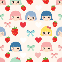 Cute Kawaii Strawberry Girls and Hearts Seamless Pattern 2. Vector Illustrations. EPS Editable