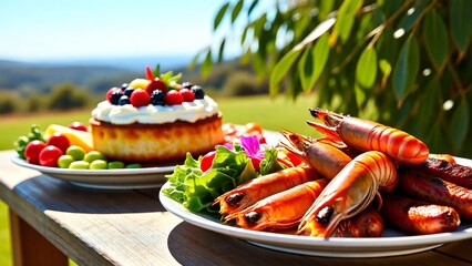 A festive outdoor dining experience featuring a delicious spread of grilled prawns and sausages with a creamy berry cake. A perfect summer celebration meal set against a lush countryside backdrop