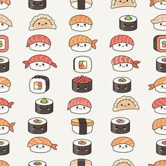 Cute Kawaii Sushi and Dumpling Pattern. Vector Illustrations. EPS Editable
