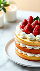 Delicious strawberry shortcake with whipped cream topping on white plate, perfect for bakery advertising, dessert menu design, or social media food blog posts with copy space for text