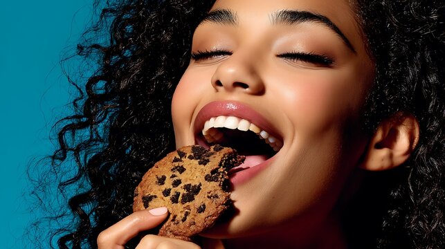 Young Woman with Curly Hair Enjoying Chocolate Chip Cookie Against Bright Blue Background