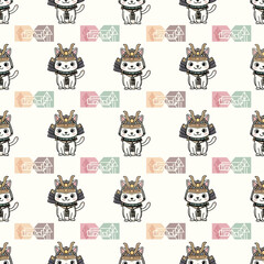 Cute Samurai Cat Warrior Pattern with Japanese Symbols. Vector Illustrations. EPS Editable
