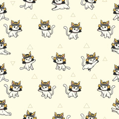 Cute Samurai Cat Pattern Seamless Design. Vector Illustrations. EPS Editable