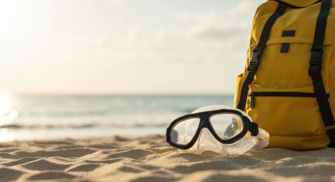 Snorkel mask and backpack sit on sandy beach with calm ocean
