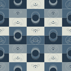 Geometric Abstract Pattern with Circles and Squares in Blue and Beige Tones. Vector Illustrations. EPS Editable
