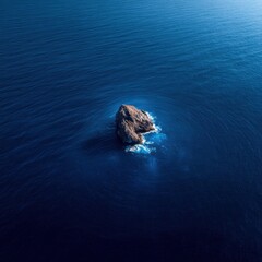 Obraz premium Aerial View of Isolated Rock Formation Surrounded by Deep Blue Ocean Water Under Bright Daylight Sky