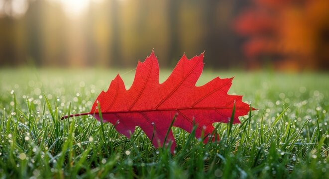 Autumnal beauty: Red oak leaf on dewy grass in a golden sunlit scene