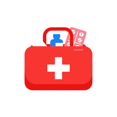 Obraz premium A bright red first aid kit icon with a white cross, containing a medicine bottle and a blister pack of pills for emergency medical treatment and healthcare