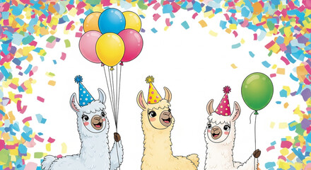 Naklejka premium Happy Cartoon Llamas Wearing Party Hats and Holding Balloons