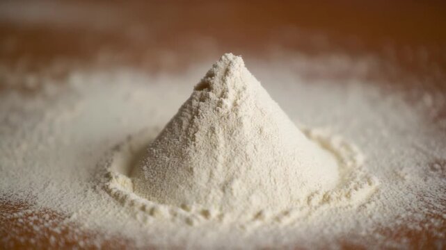 Closeup of a pile of white flour on a wooden table ready for baking.