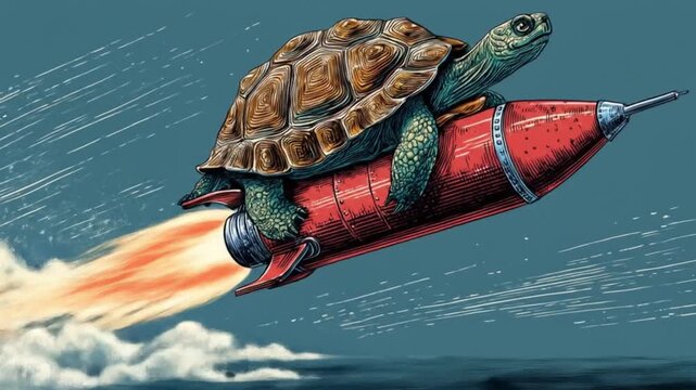 A shell-draped turtle sails atop a red rocket through a bright blue sky with fiery exhaust bursting!