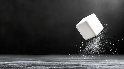 A white cube is captured in motion, with fine white particles falling and scattering from its bottom edge, set against a dark, moody background.