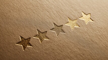 Luxury Five Star Rating Texture: Macro shot of gold foil stars debossed on high quality beige paper background
