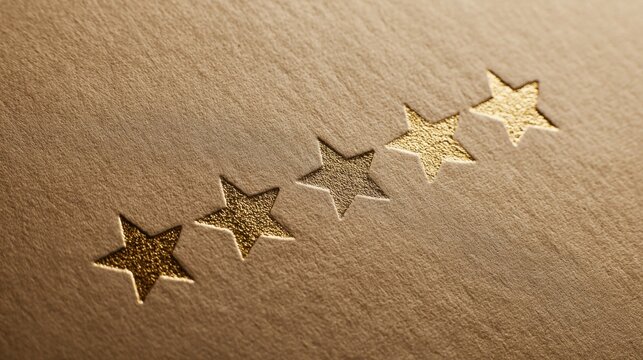 Luxury Five Star Rating Texture: Macro shot of gold foil stars debossed on high quality beige paper background