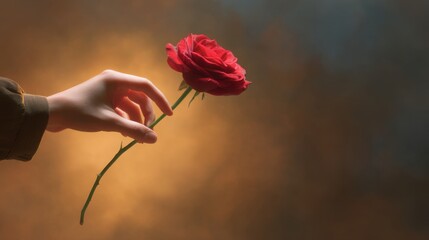Elegant hand reaching out with a single red rose against a soft focused warm background, symbolizing love, romance, and beauty in nature.