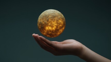 Hand Holding a Glowing Celestial Sphere Against a Dark Background, Symbolizing Space Exploration, Universe, and Cosmic Wonders in a Beautiful Visual Display