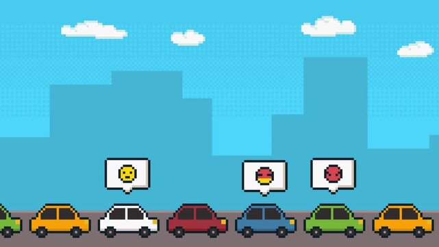8-bit pixel art cars stuck in heavy traffic with angry emojis inside speech bubble. looped animation 4k 30fps