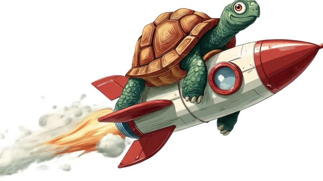 A green turtle rides a blazing red-and-white rocket, trailing orange exhaust across the sky at dusk